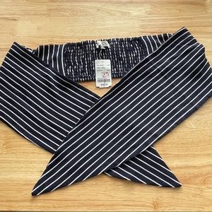 Navy and white striped crop tie up shirt